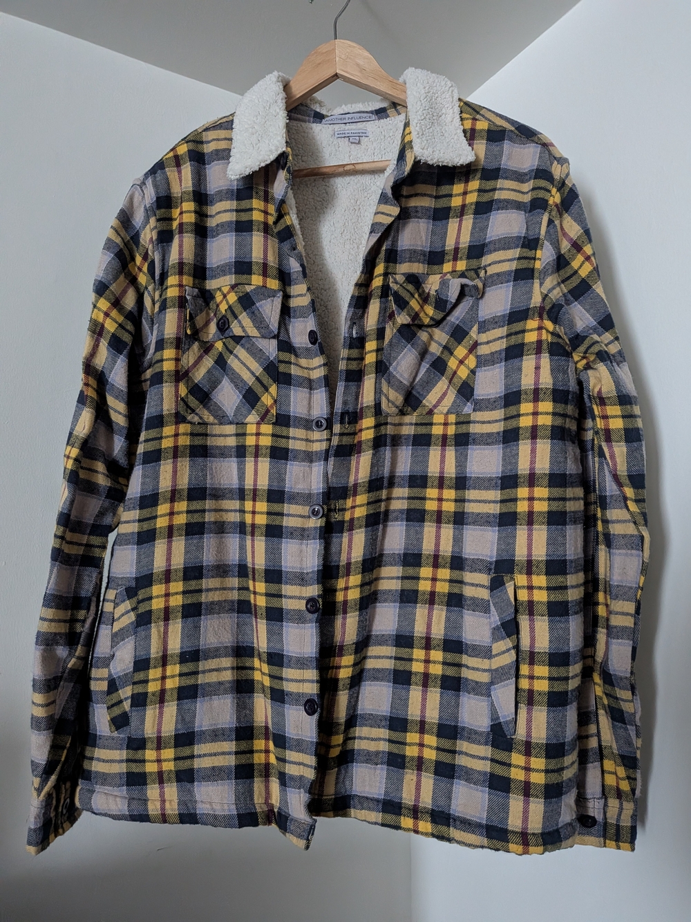 Sherpa-Lined Plaid Shirt Jacket in Yellow and Gray
